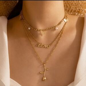 NWT Gold Plated Butterfly Rose Flower English Letter Multi-layer Necklace
